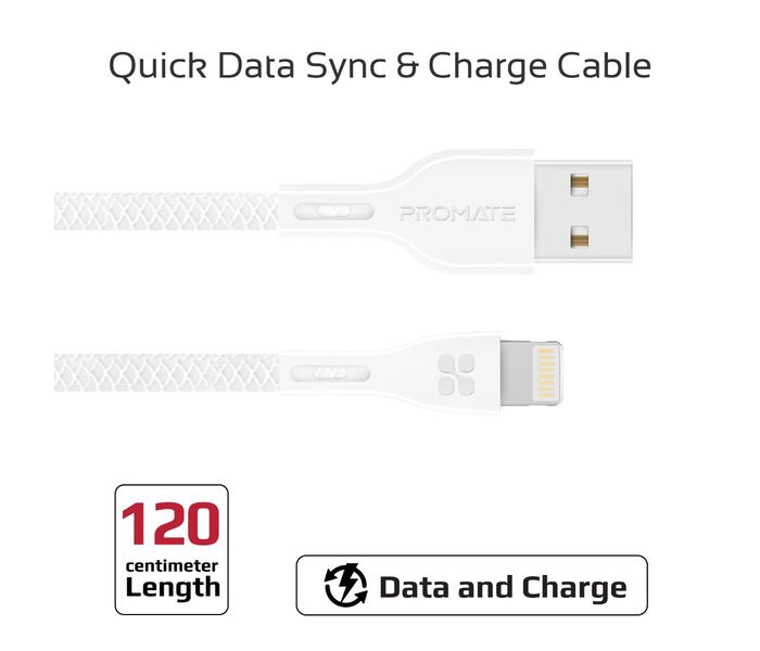 Promate Powerbeam-i Lightning to USB-A Charging Cable - 1.2 Metre, White - Zoom Image 1