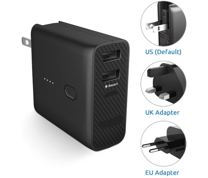 International Travel Dual USB Wall Charger with UK EU US Adapter Plug with 5000 Mah Power Bank DX-530 Black - Zoom Image 3