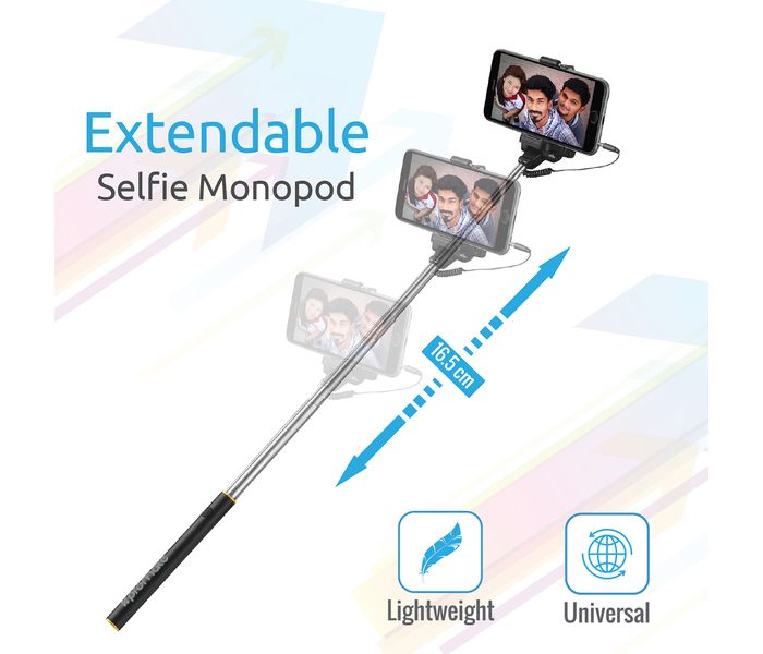 Promate Minipod Perfectly Foldable Extendable Selfie Stick Pole Wire Monopod with Built-in Remote Shutter, Black - Zoom Image 2