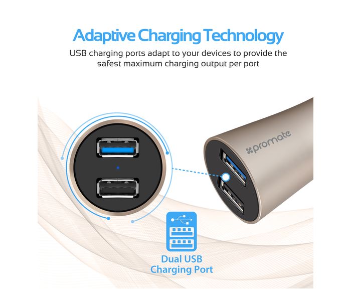 Promate Robust-QC3 Car Charger with Qualcomm Quick Charge 3.0 Dual USB Port, Gold - Zoom Image 4