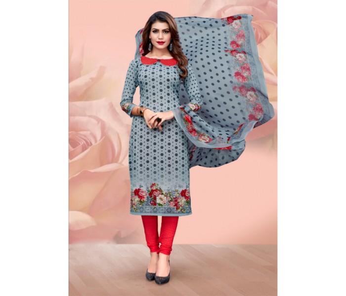 Ziyata Collections ZY9003 Unstitched Crepe Churidar Red and Grey - Zoom Image