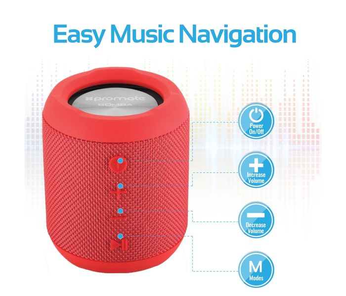 Promate Bomba Portable Wireless Speaker with Handsfree for Outdoor & Indoor - Red - Zoom Image 1