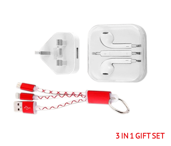  Fashionable 3 In 1 Earpods Handsfree, 2 In 1 Ring Cable and USB Power Adapter Big Gift Set ERP-31W Red and White - Zoom Image 1