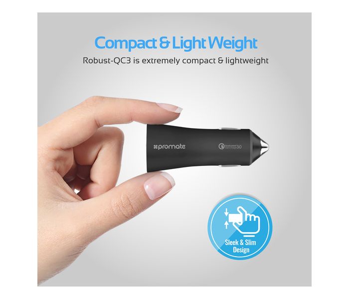 Promate Robust-QC3 Car Charger with Qualcomm Quick Charge 3.0 Dual USB Port, Black - Zoom Image 3