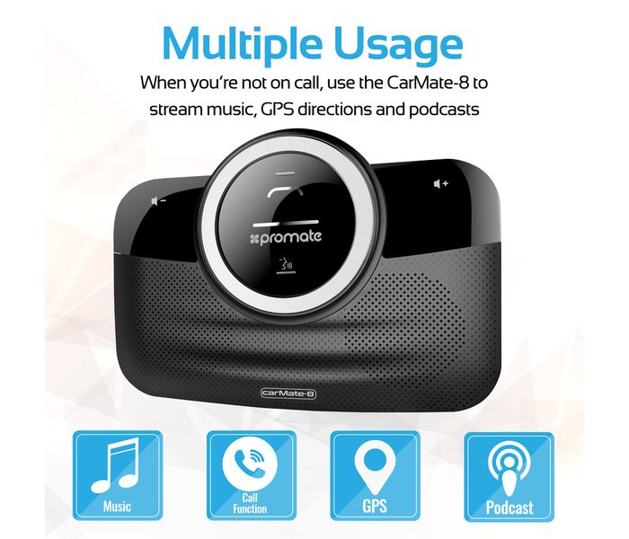 Promate CarMate-8 Hands-Free Bluetooth Car Kit in-car Dual Speakerphone with Voice Command - Black - Zoom Image 2