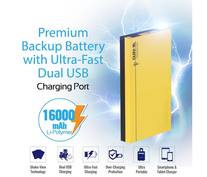 Promate Cloy-16 16000 mAh Dual USB Lightweight Portable Charger Power Bank with 4A Output Fast Charge, Yellow - Zoom Image 2