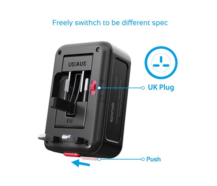 Promate UniPlug-QC3 Universal All in One Worldwide Travel Adapter with Multi Regional Socket, Black - Zoom Image 2