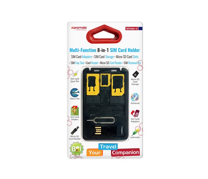 Promate Simate-2 Multifunction 8-in-1 Micro & Nano SIM Card Holder with 4 Sim Adapters, Black - Zoom Image 8