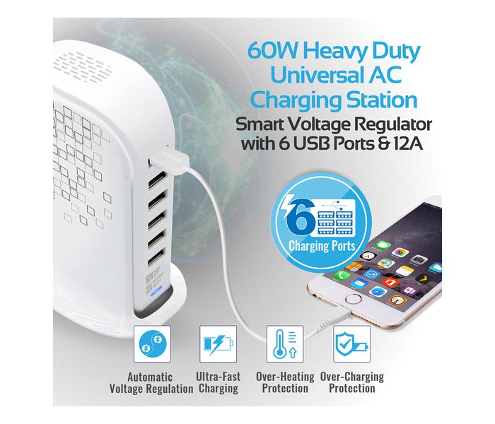 Promate PowerBase-2 12000mAh Fast AC Charging Station Hub with 6 USB Ports, White - Zoom Image 1