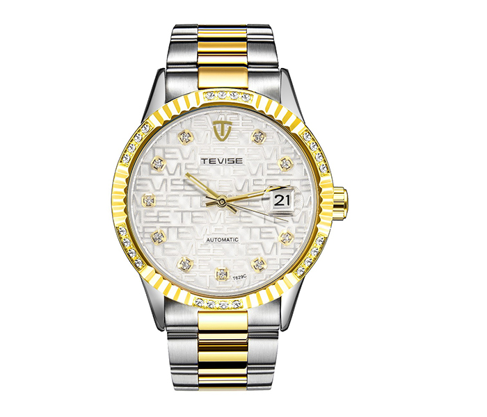 Tevise T629C Men's Classic Auto Date Mechanical Watch - Gold & White - Zoom Image