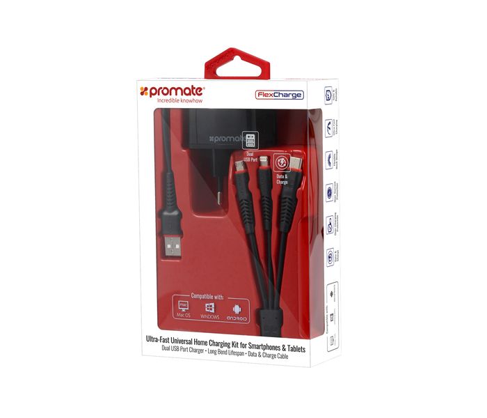 Promate FlexCharge.Uk 3 in 1 USB Type C Ultra Fast Universal Dual USB Wall Charger Kit, Black - Zoom Image 6