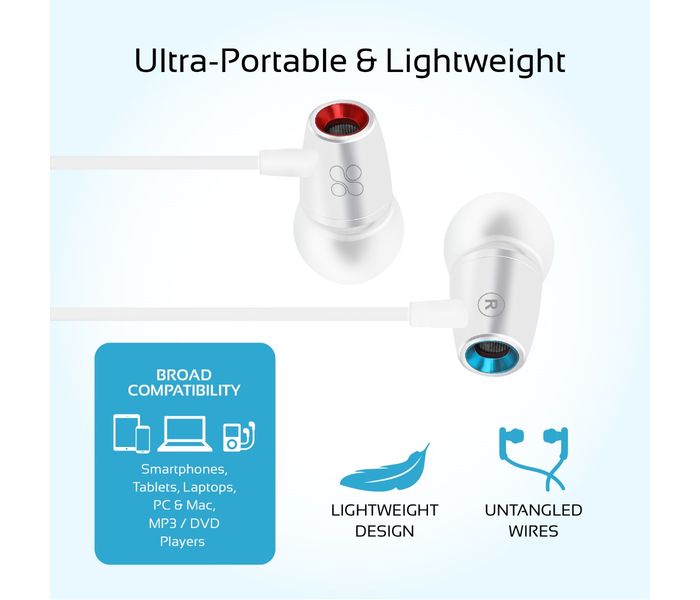 Promate Tunebuds-1 Dynamic In-Ear Stereo Earphones with In-Line Microphone, White - Zoom Image 3