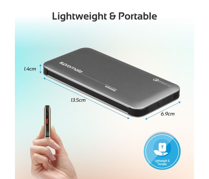 Promate Crown-10QC 10000 mAh Portable Power Bank with 18W USB Type C Charging Port, Grey - Zoom Image 5