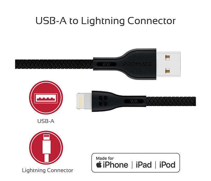 Promate Powerbeam-i Lightning to USB-A Charging Cable - 1.2 Metre, Black - Zoom Image 2