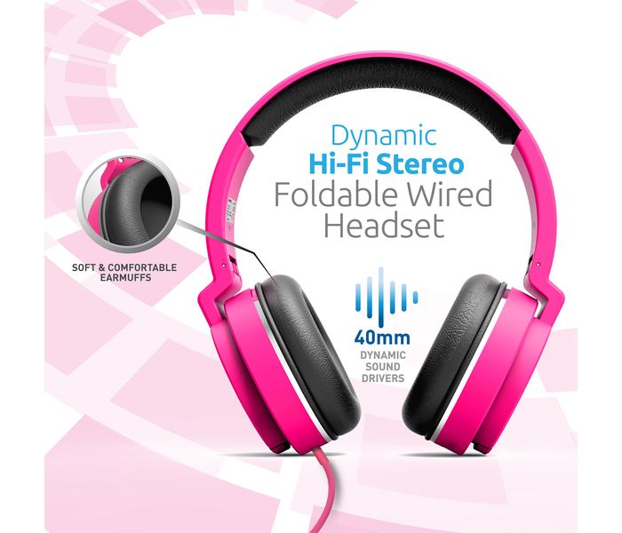 Promate Encore Lightweight Stereo Wired Heaphones with Padded Foldable Headband, Pink - Zoom Image 1