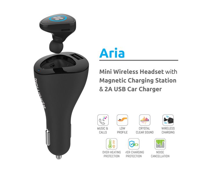 Promate Aria 2A Usb Car Charger with Magnetic Charging Station and Mini Bluetooth Headphone, Black - Zoom Image 2