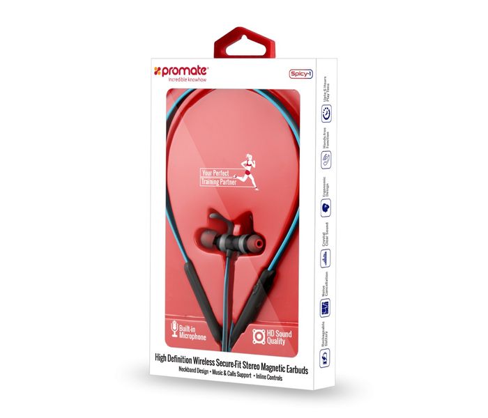 Promate Spicy-1 High Definition Wireless Secure-Fit Stereo Magnetic Earbuds, Blue - Zoom Image 7