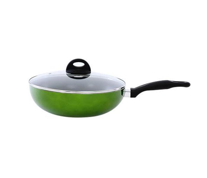 Royalford RF6951 28 cm Non Stick Long Handle Wok Pan with Lid - Green - Zoom Image