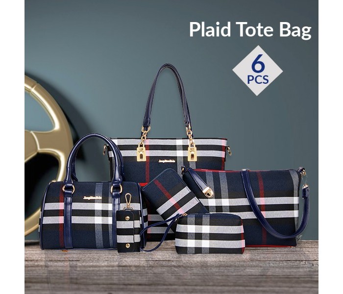 6 Piece Womens Elegant Plaid Tote Bag Set TB234 Blue - Zoom Image