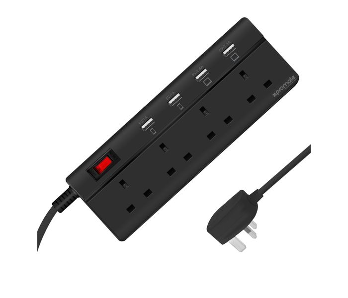 Promate PowerStrip-4UK 2500W 10A Multiport Power Strip for Home & Office, Black - Zoom Image 6