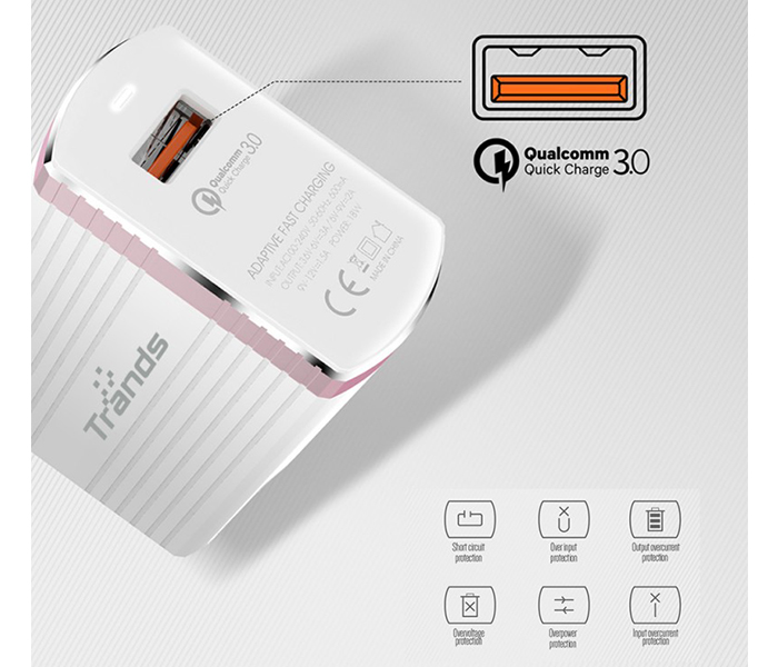 Trands TR-AD4672 1 Meter QC 3.0 Single Port USB Fast Charger - White - Zoom Image 2