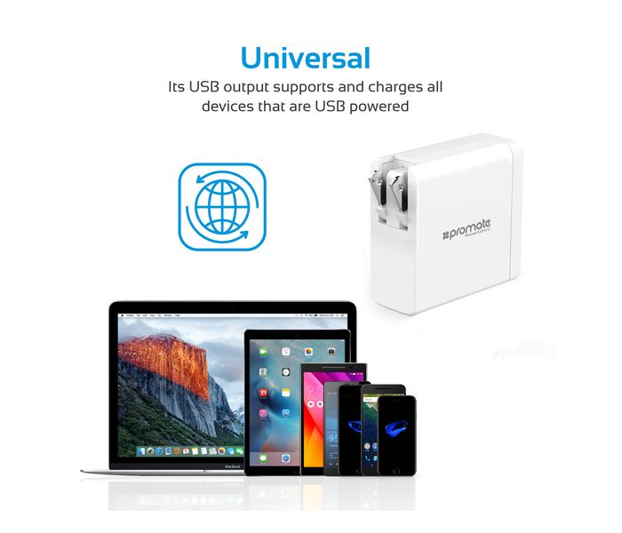 Promate PowerCore-C 60W Multi Regional Plug USB C Wall Adapter with Power Delivery, White - Zoom Image 3