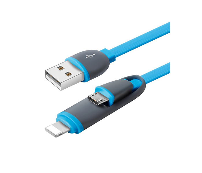 iends IN-CA9546 2-in-1 Flat USB Cable with Micro USB & Lightning Connectors - Blue - Zoom Image 1