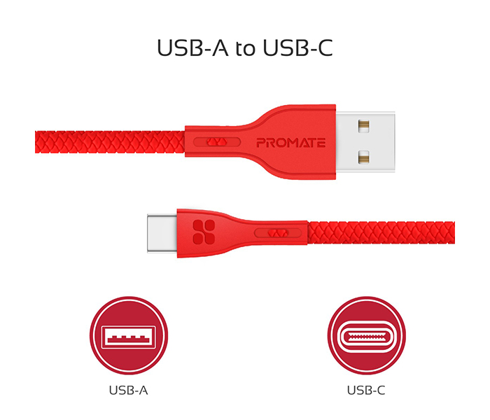 Promate Powerbeam-C USB to USB Type C Fast Charging Cable with Over-Current Protection - 1.2 Metre, Red - Zoom Image 2