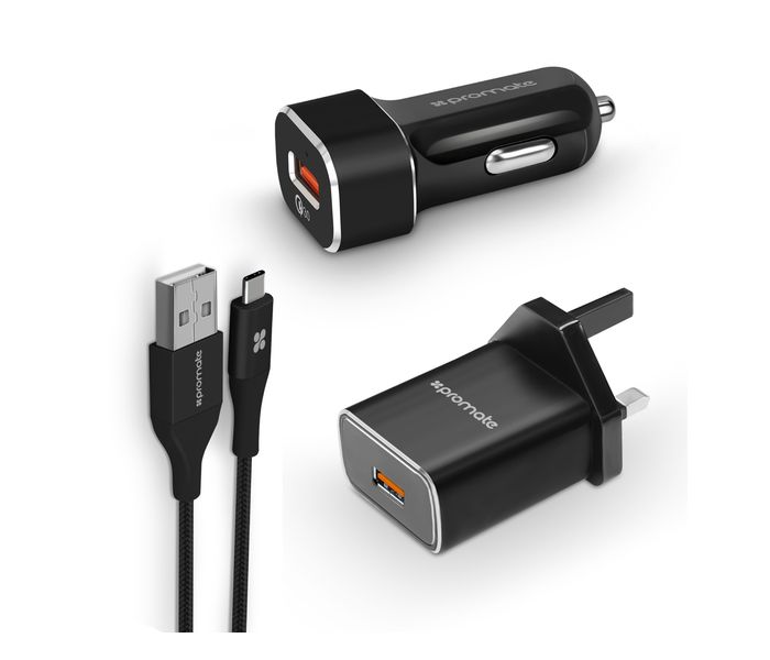 Promate UniGear-QC3.Uk Qualcomm 3 in 1 Quick Charger 3.0 Travel and Car Charger Kit with Type C, Black - Zoom Image 9