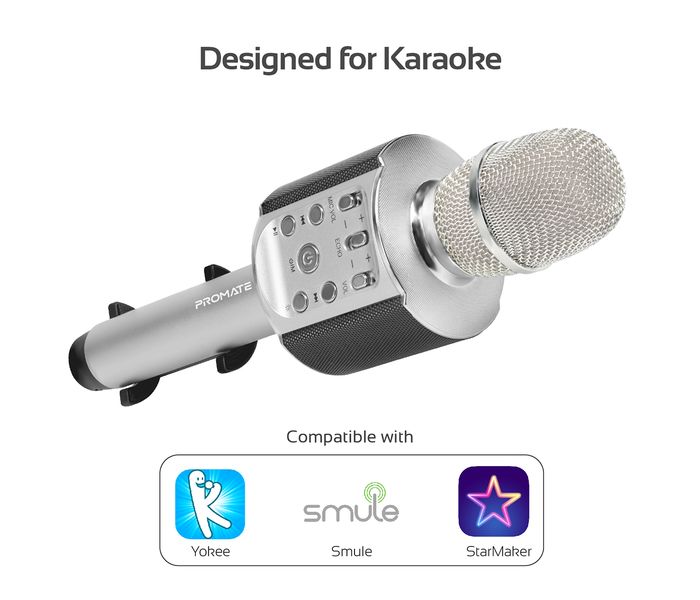 Promate Vocalmic-4 Portable Bluetooth Rechargeable Karaoke Mic with Phone Holder - Silver - Zoom Image 5