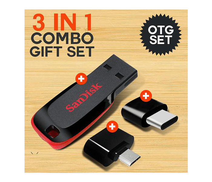 ZE 3 In 1 Combo Gift Set, Sandisk Cruzer Blade 16Gb USB 2.0 Flash Drive + Micro USB 2.0 OTG Connector + Type C Male To USB 2.0 Female OTG Connector - Zoom Image 1