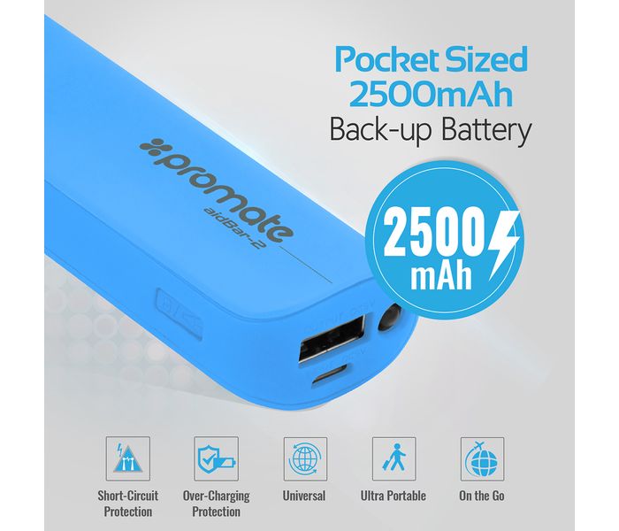 Promate Aid Bar-2 2500 mAh Ultra Compact Universal Power Bank, Blue - Zoom Image 1