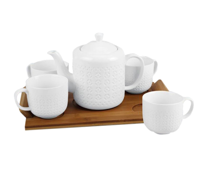 Royalford RF9240 6 Pieces Porcelain Tea Set with Wooden Stand - 5inches, White & Beige - Zoom Image 1