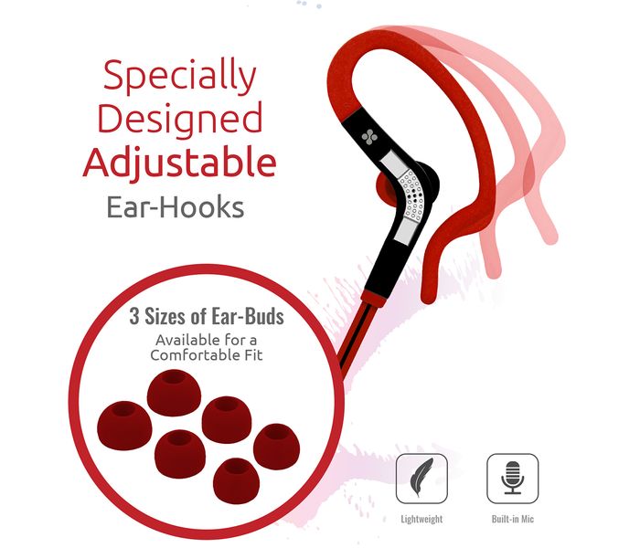 Promate Snazzy Premium In Ear Noise Isolating Sweatproof Earhook Earphone with Copper Cable, Red - Zoom Image 2