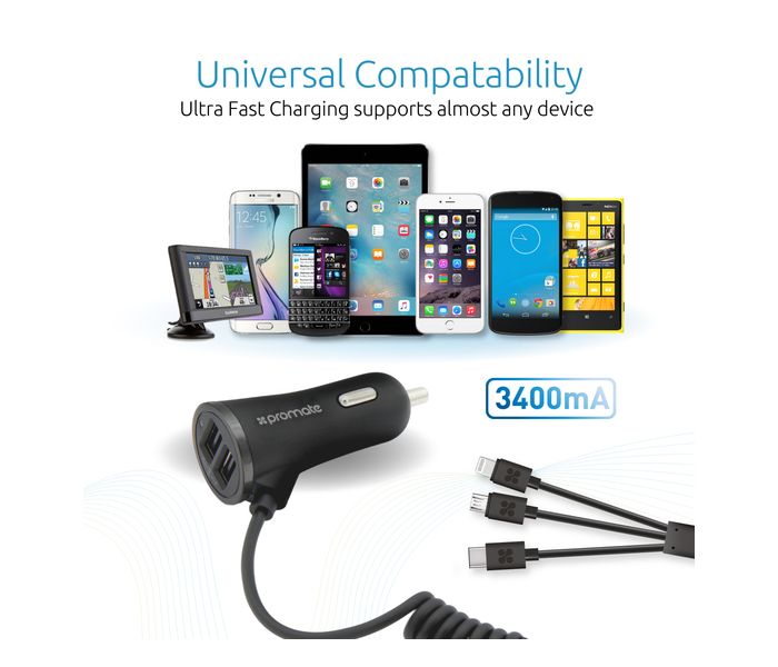 Promate Charger-Trio 3 in 1 Multifunctional Universal Car Charger with Dual USB Ports, Black - Zoom Image 3