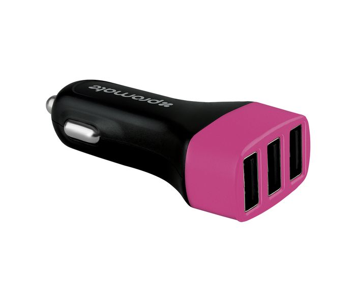 Promate Trica Ultra Fast Lightweight Universal Car Charger with 3 Port USB, Pink - Zoom Image 1