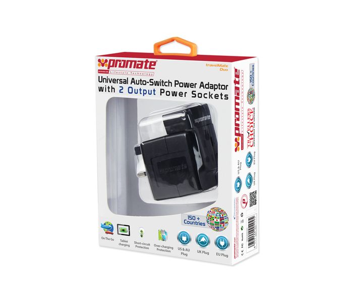 Promate TravelMate.Duo Universal All in One Worldwide Travel Adapter, Black - Zoom Image 3