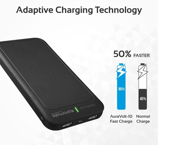 Promate AuraVolt-10 10000 mAh Portable Wireless Charger Power Bank with Type C, Black - Zoom Image 5