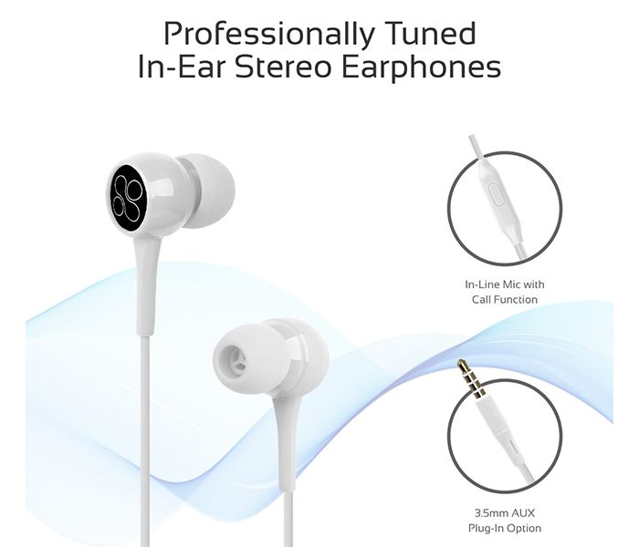 Promate Bent Dynamic In Ear Stereo Wired Earphone with Mic - White - Zoom Image 1