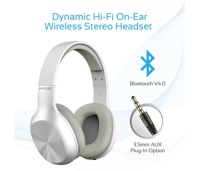 Promate Symphony Hi-Fi On-Ear Wireless Headset with Passive Noise Cancellation, White - Zoom Image 1