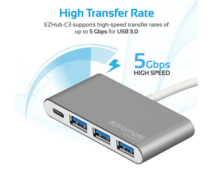 Promate EZHUB-C3 Universal USB 3.1 Type-C Hub with Power Delivery - Grey - Zoom Image 3