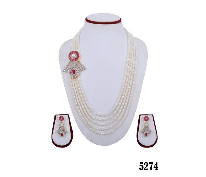 Netra Pearl 5274 Long Pearl Set With Earrings White & Red - Zoom Image