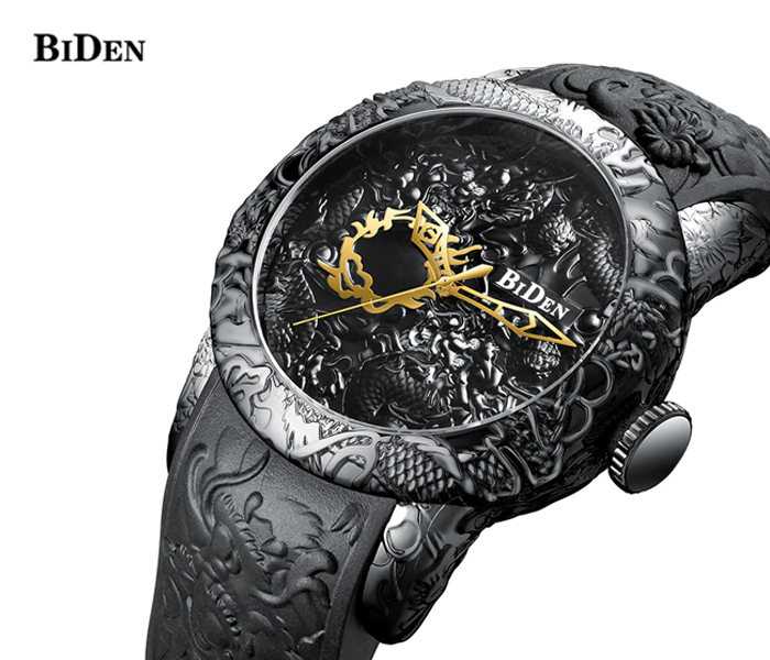 BIDEN 3D Engraved Luxury Silicone Satrap Watch For Men - Black - Zoom Image 3