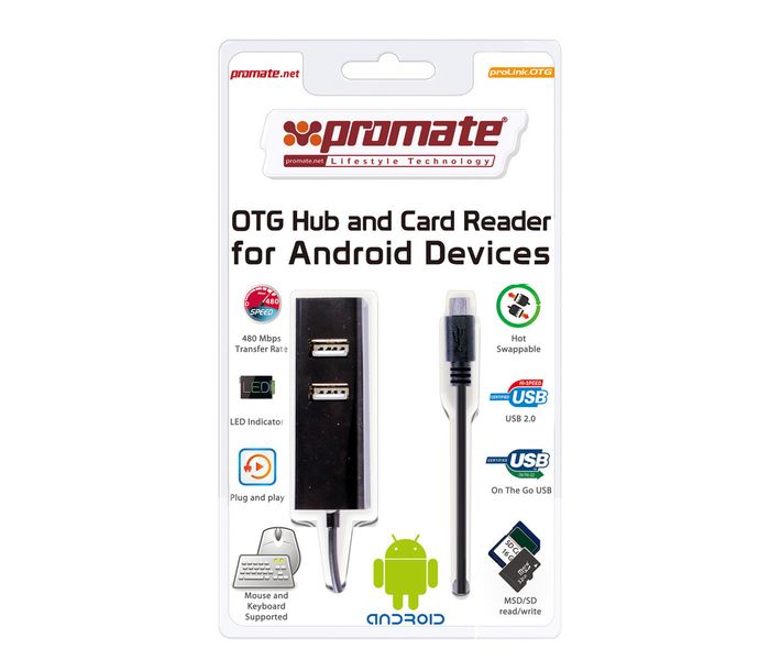 Promate ProLink-OTG 3 Port Hub & SD and Micro SD Card Reader for Android Tablet & Smartphone - Black - Zoom Image 1