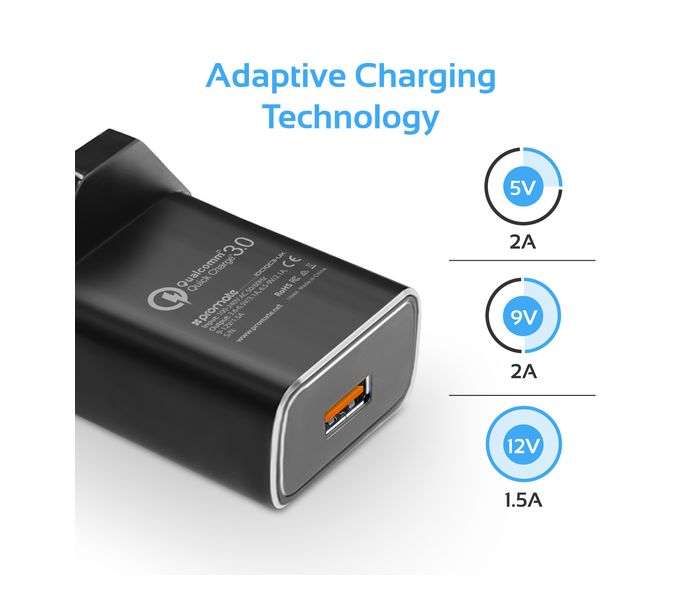 Promate ChargeMate-QC3.UK USB Type C Adaptive Fast Travel Charger Kit with Qualcomm Quick Charge 3.0 Wall Charger, Black - Zoom Image 6