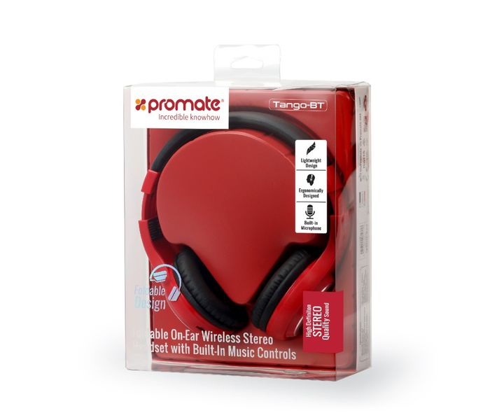 Promate Tango-Bt Foldable On-Ear Wireless Stereo Headset with Built-In Music Controls, Red - Zoom Image 7