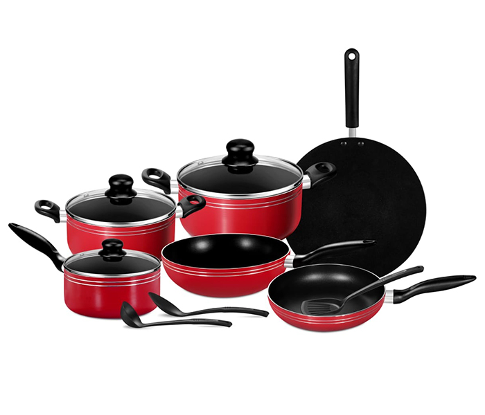 Royalford RF9444 12 Pieces Aluminium Non-Stick Cookware Set - Red - Zoom Image