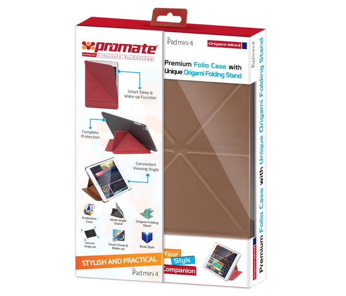 Promate Origami-Mini4 Premium Folio Case with Unique Origami Folding Stand for iPad mini 4 - Brown - Zoom Image 1