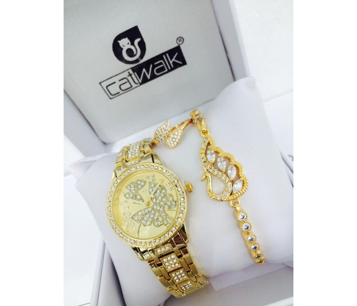 Catwalk CW-1000P Genuine Quality Fashionable Cz Womens Watch with Beauty Bracelet and Ring Gold - Zoom Image