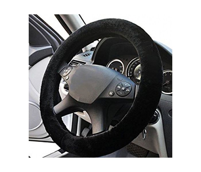 Fur Stretcheable Steering Wheel Cover, Black - Zoom Image